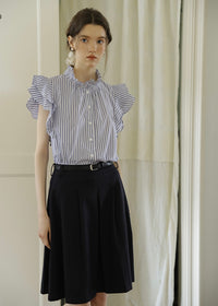 Celeste Stripe Frill Blouse | Blue Ruffle Neck Sleeveless Summer Top