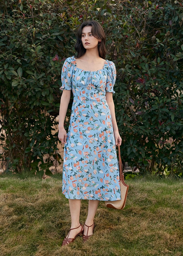Blossom Breeze Dress | Puff Sleeve Blue Floral Summer Dress