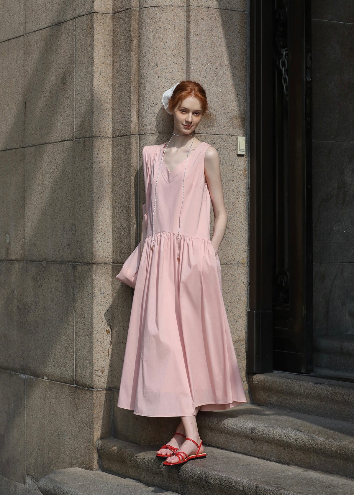 Summer Petal Cotton Dress | Light Pink Sleeveless Dress