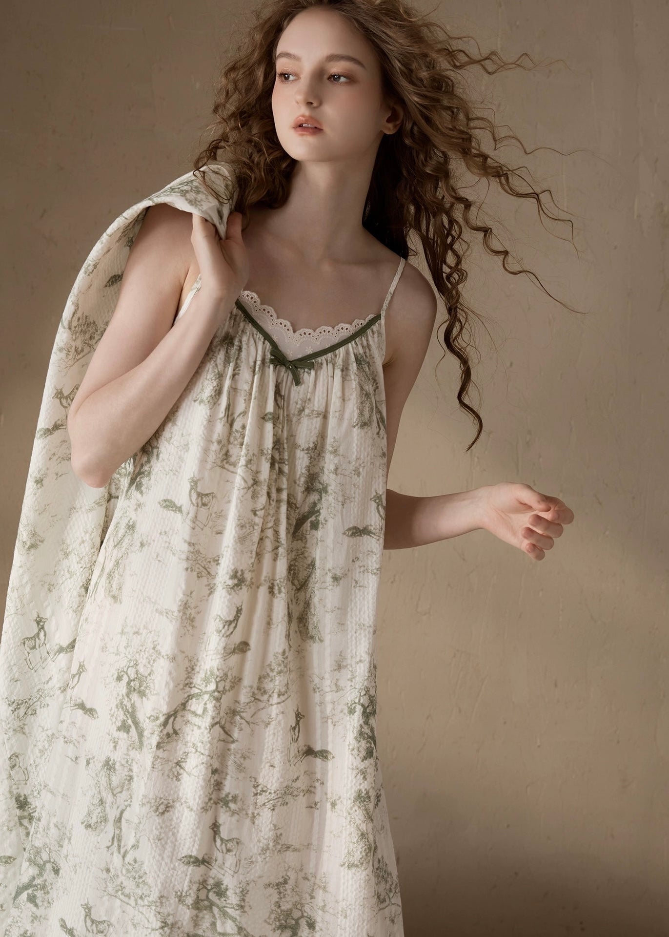 Vintage Floral Lace Trim Long Nightdress with Robe(2COLOR)