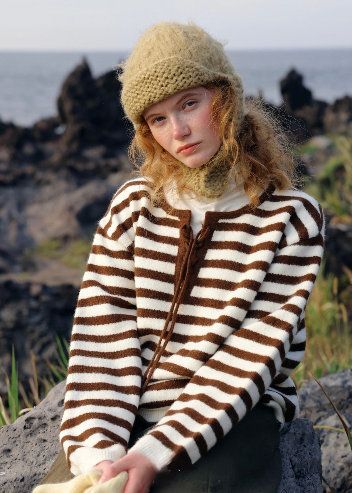 Brown Striped Tie-Front Knit Sweater