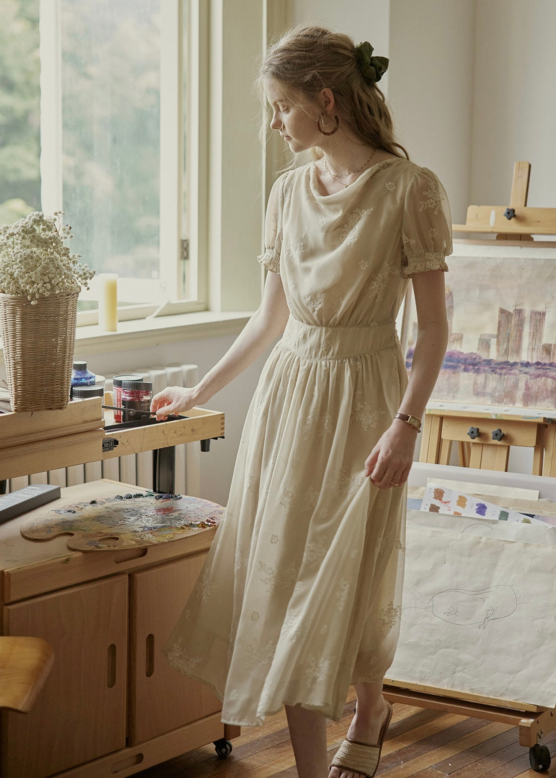 Aveline Draped Neck Floral Embroidered Dress