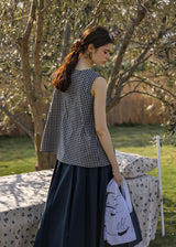 Lemon Noon Check Vest Top | Linen Cotton Sleeveless V-Neck Shirt(2COLOR)
