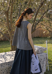 Lemon Noon Check Vest Top | Linen Cotton Sleeveless V-Neck Shirt(2COLOR)