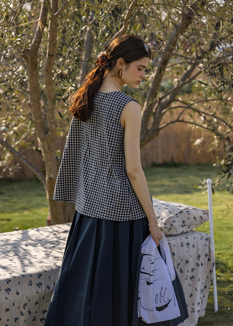 Lemon Noon Check Vest Top | Linen Cotton Sleeveless V-Neck Shirt(2COLOR)