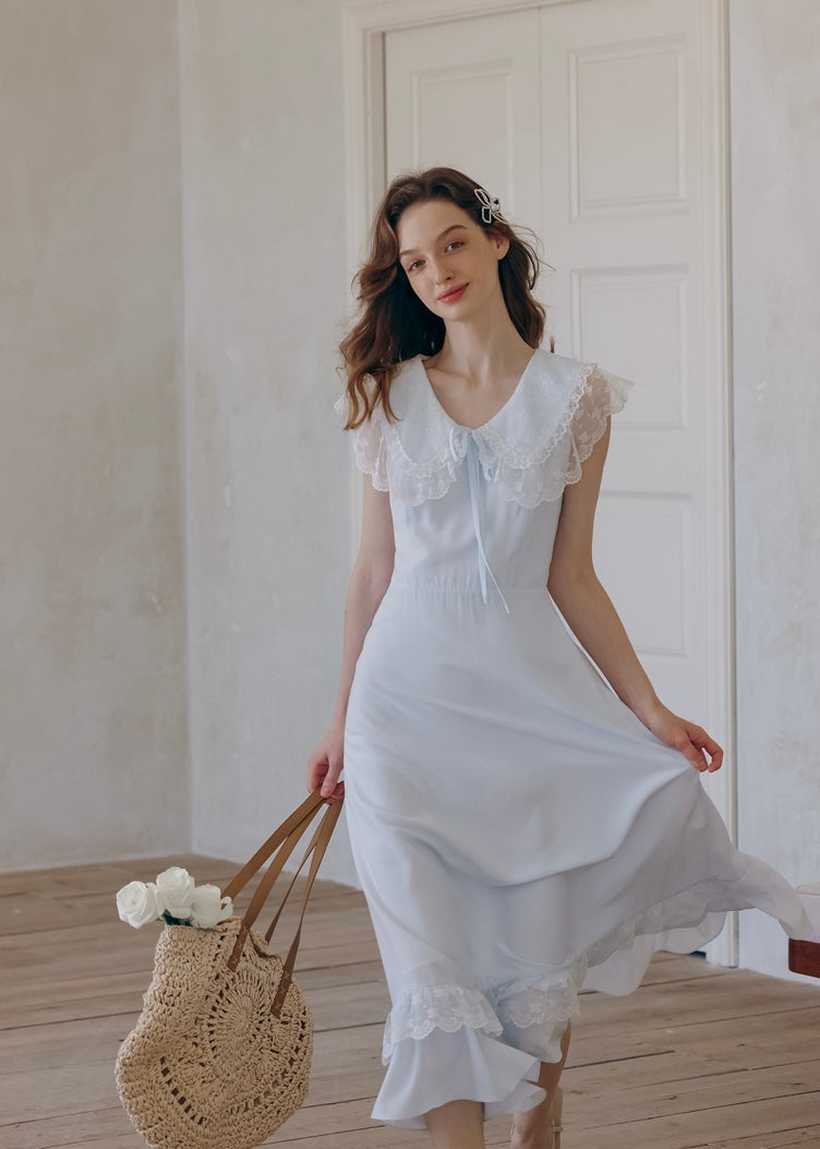 Blue Lullaby Vintage Lace Collar Sleeveless Summer Dress