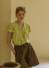 Sunday Picnic Blouse | Lace Trim Puff Sleeve Vintage Top(2COLOR)
