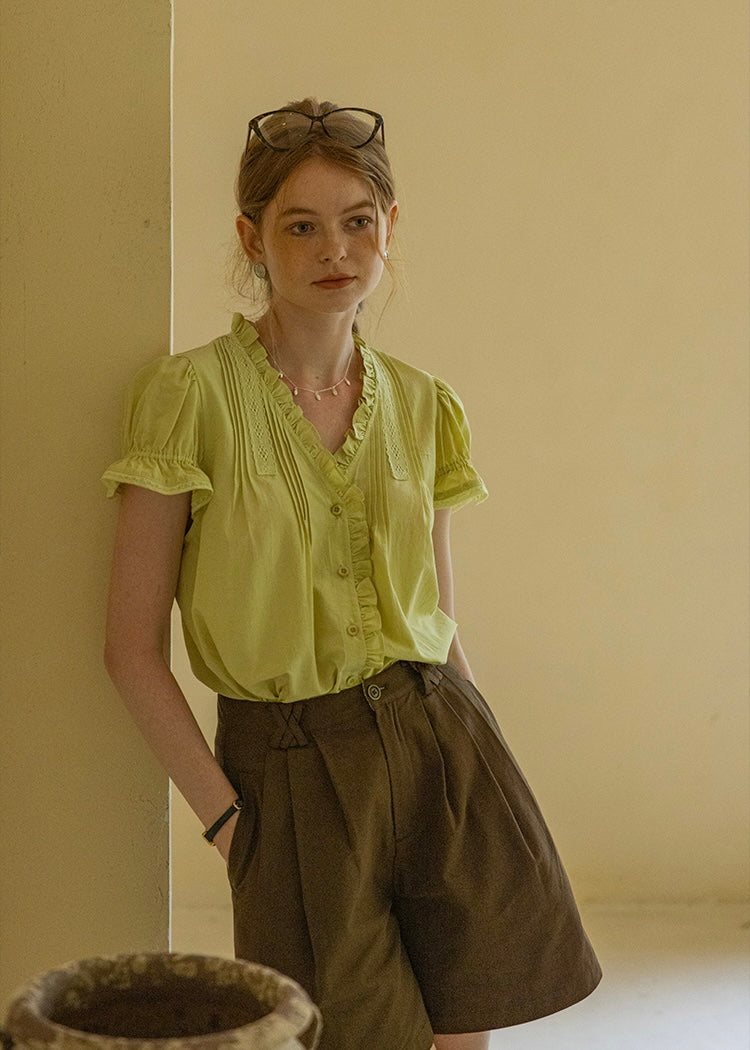 Sunday Picnic Blouse | Lace Trim Puff Sleeve Vintage Top(2COLOR)