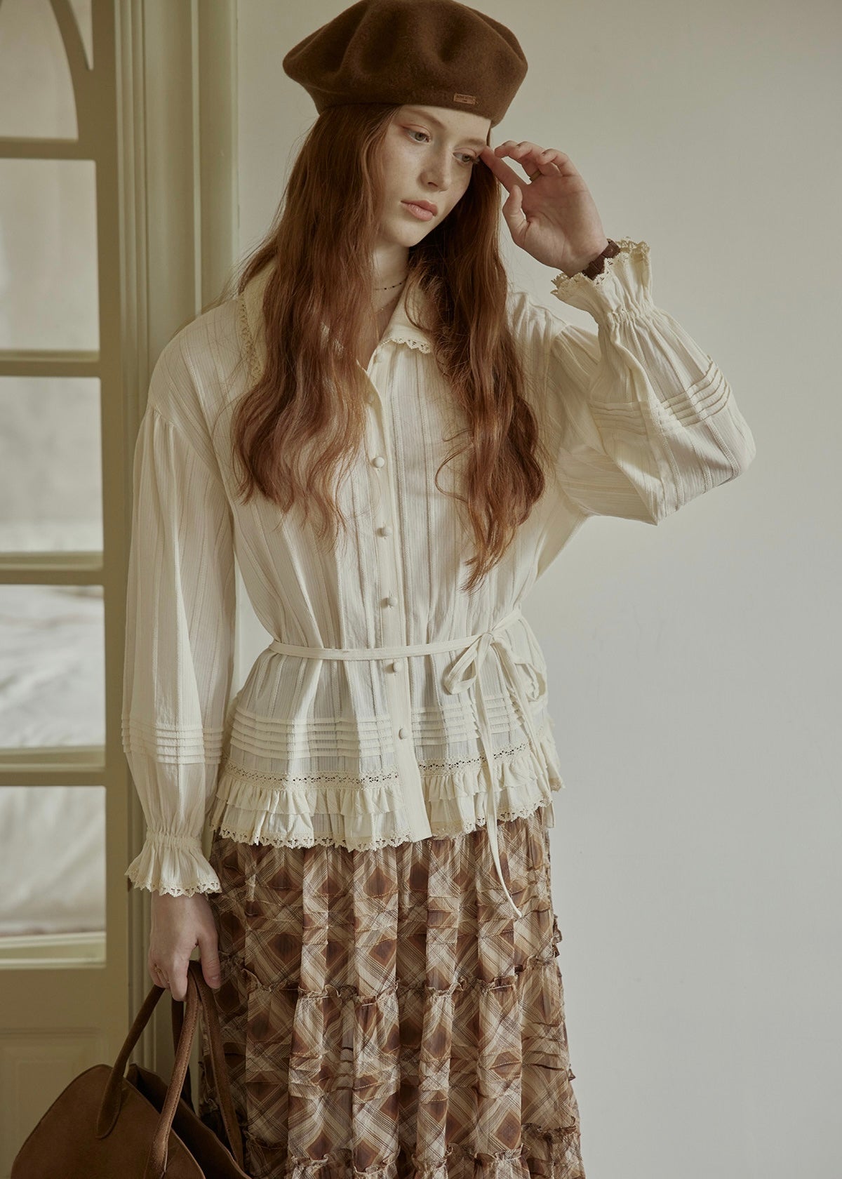 Rromantic Vintage Lace Ruffle Tie Waist Blouse