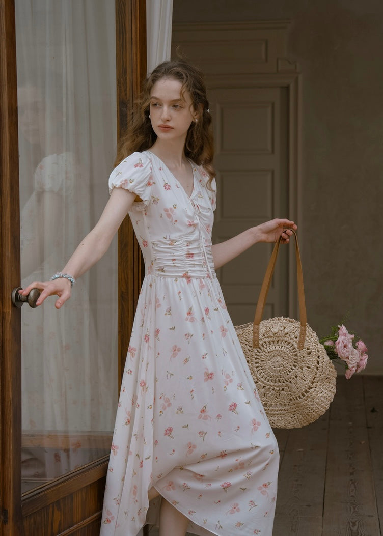 Clair de Soft White Floral Shirred Dress
