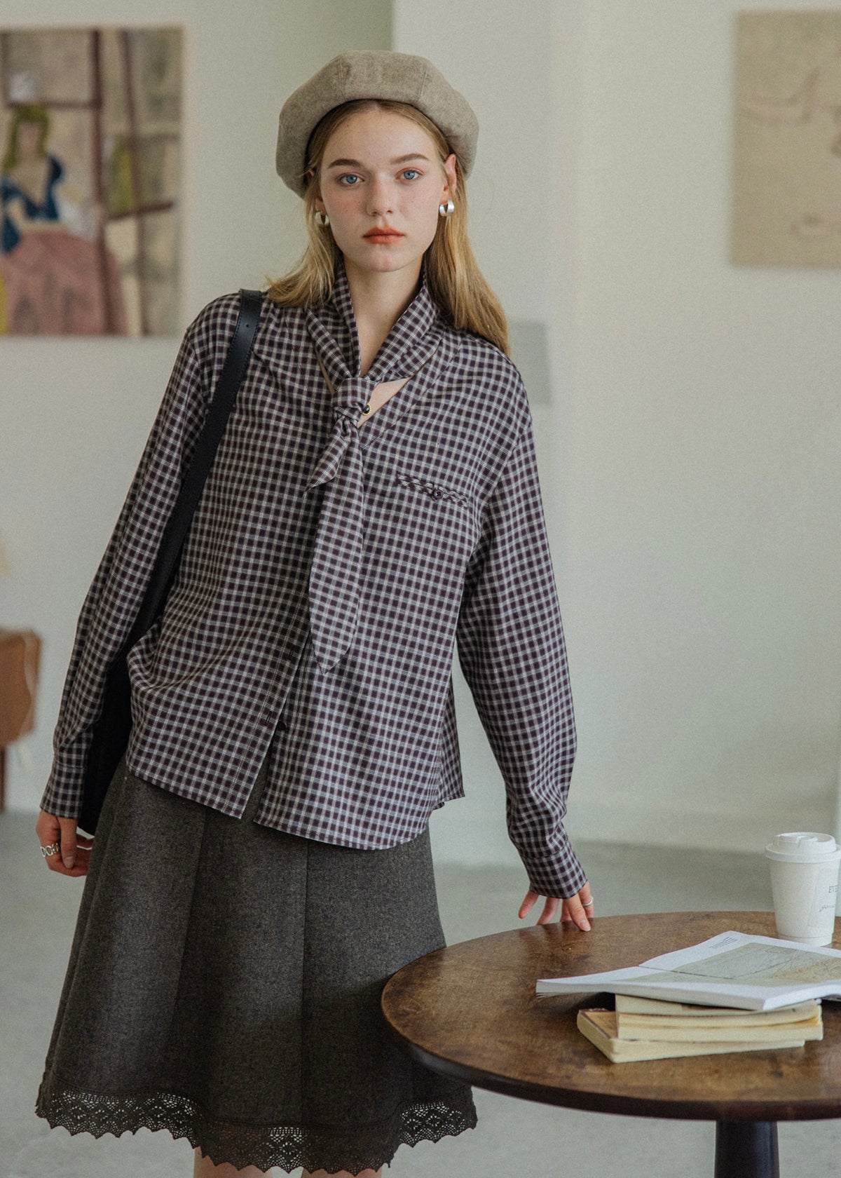 Vintage Plaid Scarf Tie V-Neck Blouse