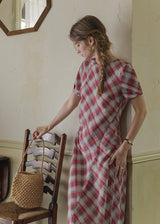 Pink Plaid Ruched Summer Dress