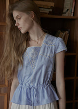 Elodie Blue Gingham Embroidered Tie-Waist Blouse