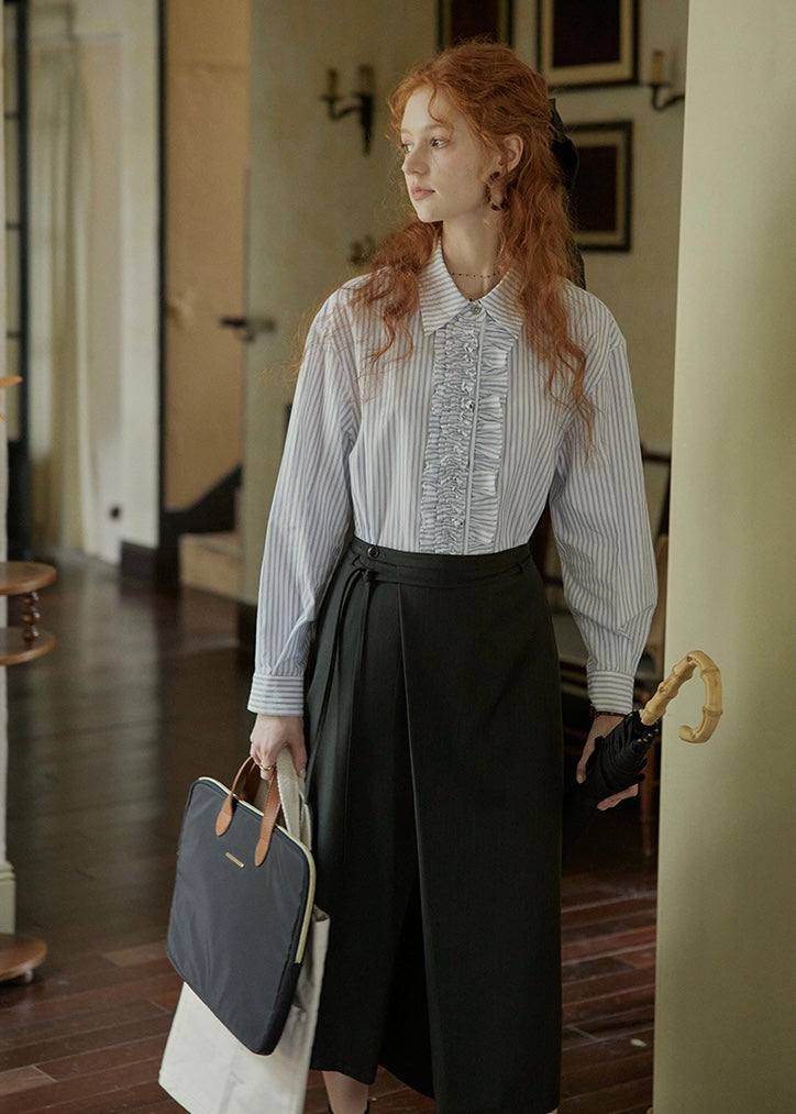 Silent Elegance Ruffle Classic Stripe Long Sleeve Blouse
