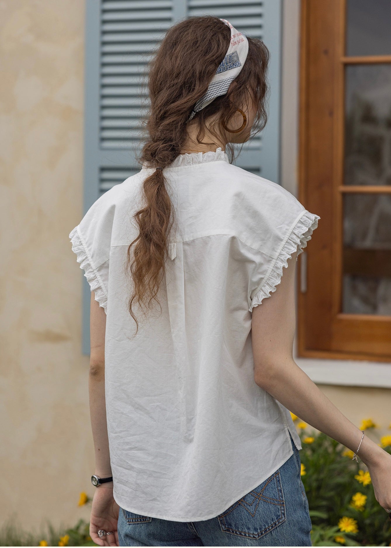 Embroidered Frill Sleeve Linen Blend Blouse(2COLOR)