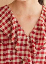 Rosie Ruffle Blouse | Vintage Red Gingham Floral Embroidered Top