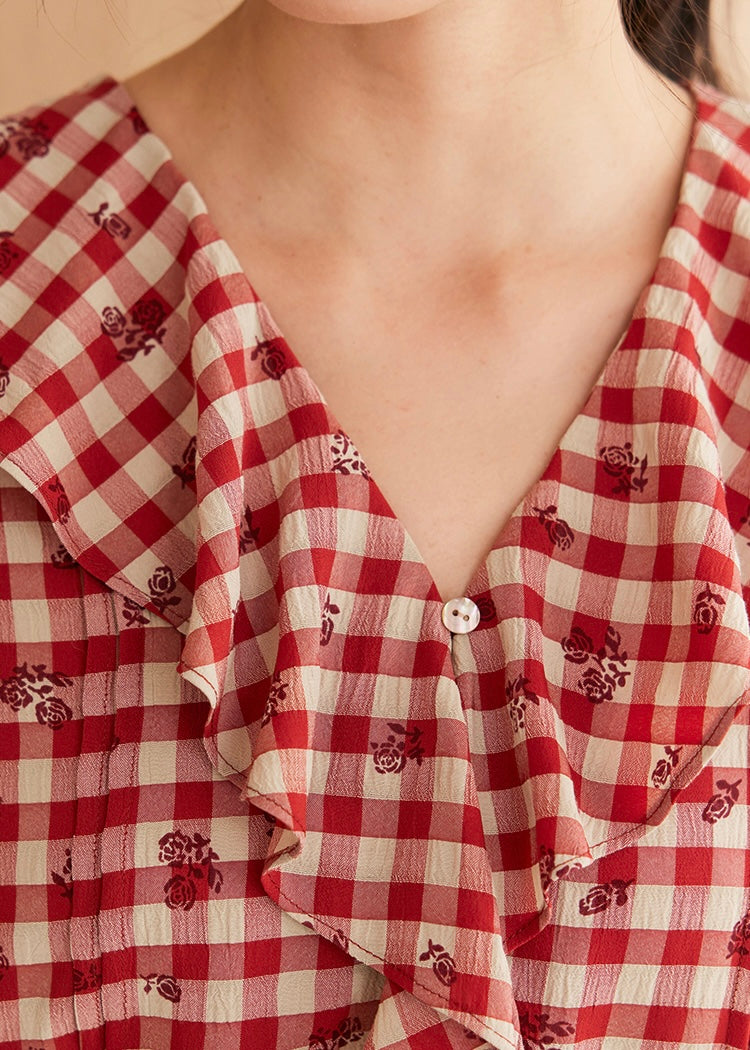 Rosie Ruffle Blouse | Vintage Red Gingham Floral Embroidered Top