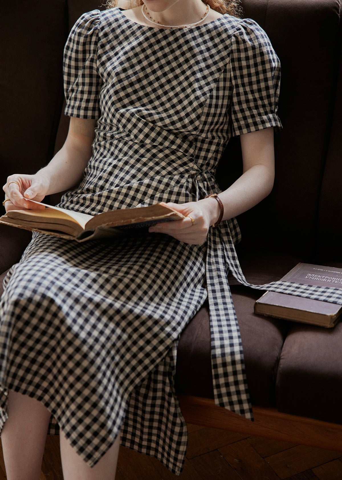 Black Gingham Wrap Dress Puff Sleeve Vintage Dress