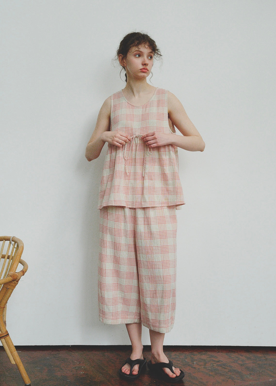 Soft Air Check Loungewear Sleeveless Tie Top Capri Pajama Set