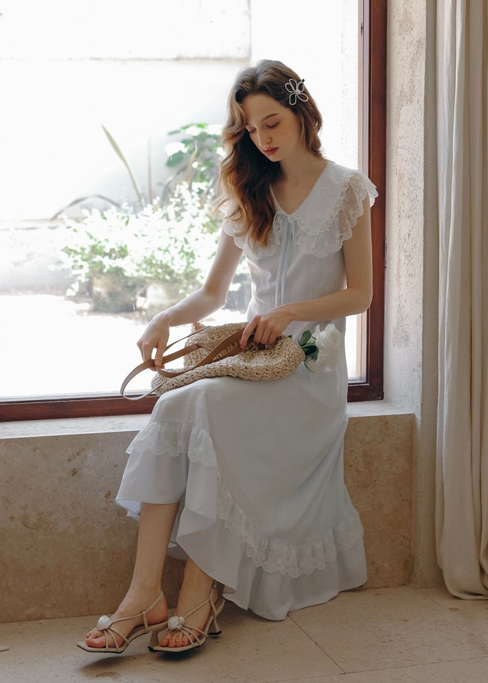 Blue Lullaby Vintage Lace Collar Sleeveless Summer Dress