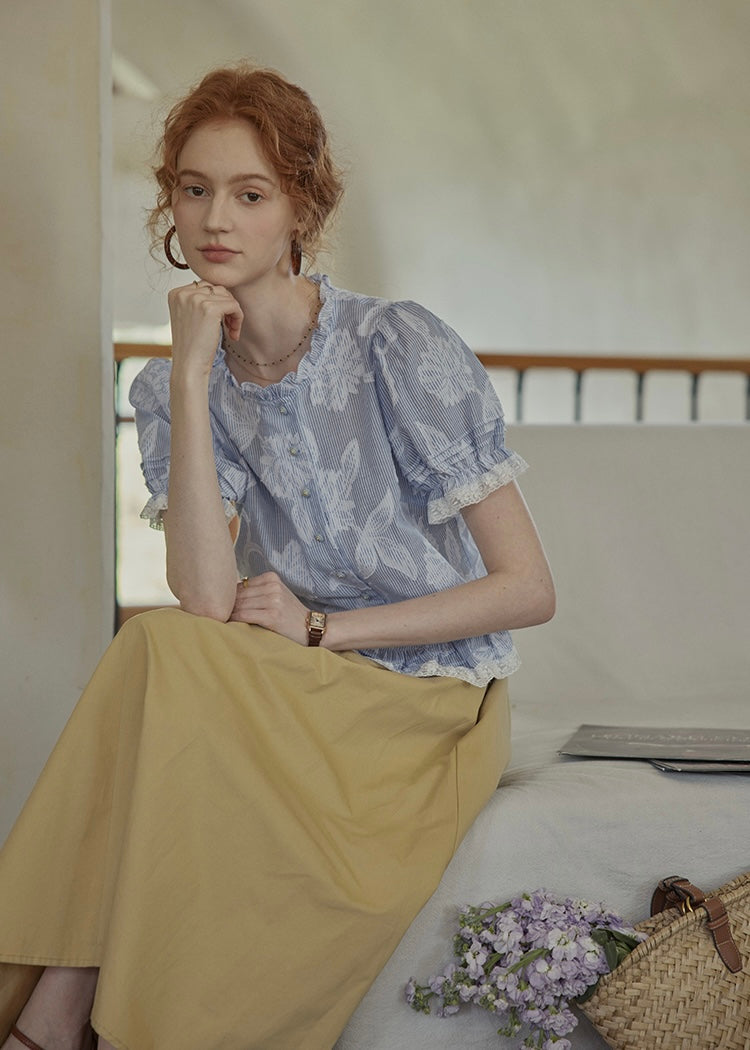Lilac Garden Blouse | Embroidered Puff Sleeve Ruffle Top