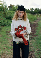 Tomato Jacquard Crew Neck Knit Sweater