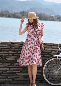 Rosalie Ruffle Floral Dress | Romantic Red Flower Midi Dress for Summer