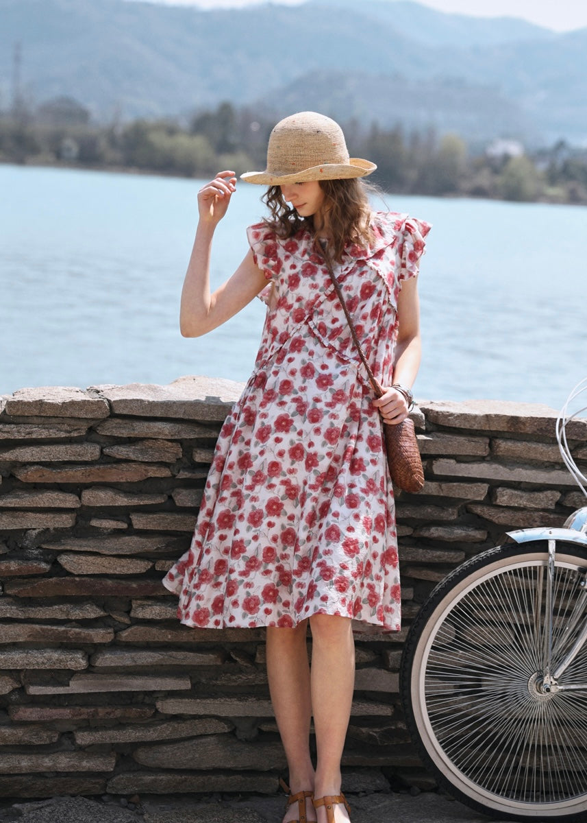 Rosalie Ruffle Floral Dress | Romantic Red Flower Midi Dress for Summer