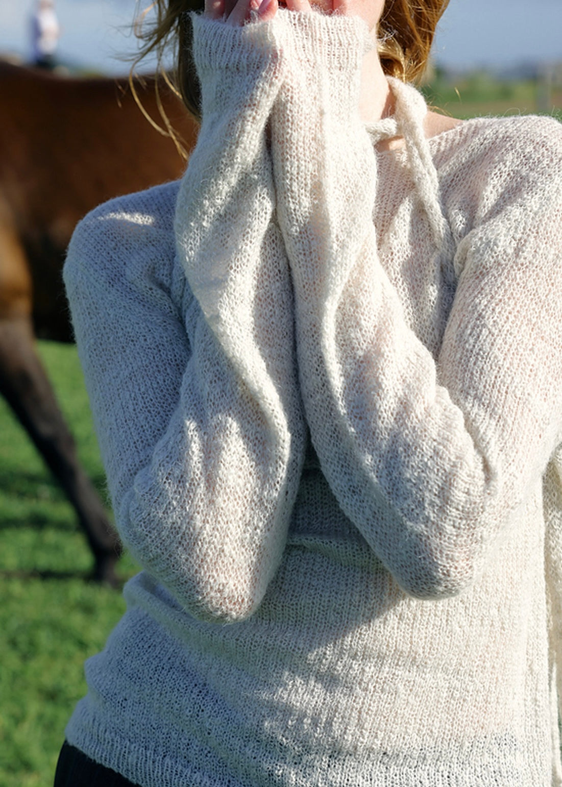 Vintage Tie Neck Open Knit Long Sleeve Sweater