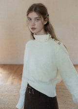 Cream Apricot Diagonal Button Collar Knit Sweater