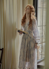 Ash Mist Blue Vintage Print Long Sleeve Dress