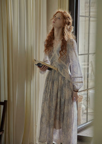 Ash Mist Blue Vintage Print Long Sleeve Dress