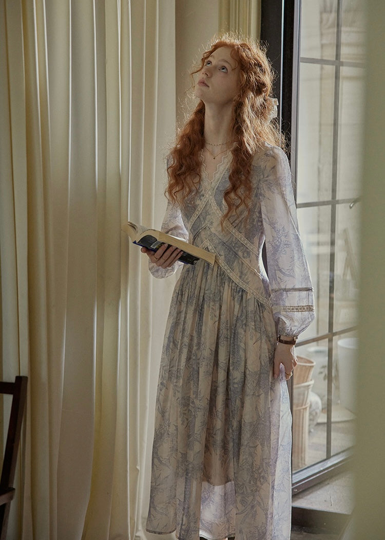 Ash Mist Blue Vintage Print Long Sleeve Dress