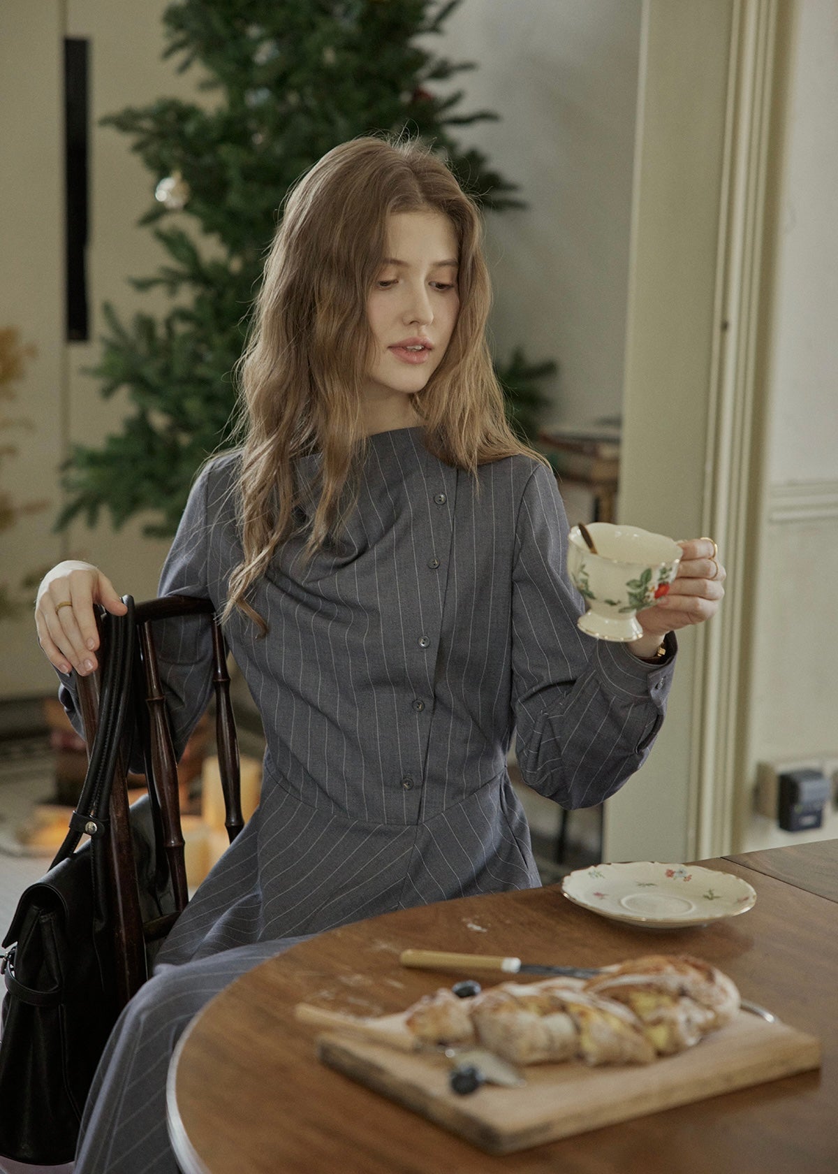 Falling Lines Draped Collar Dress