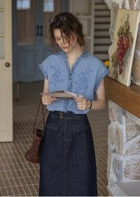 Embroidered Frill Sleeve Linen Blend Blouse(2COLOR)