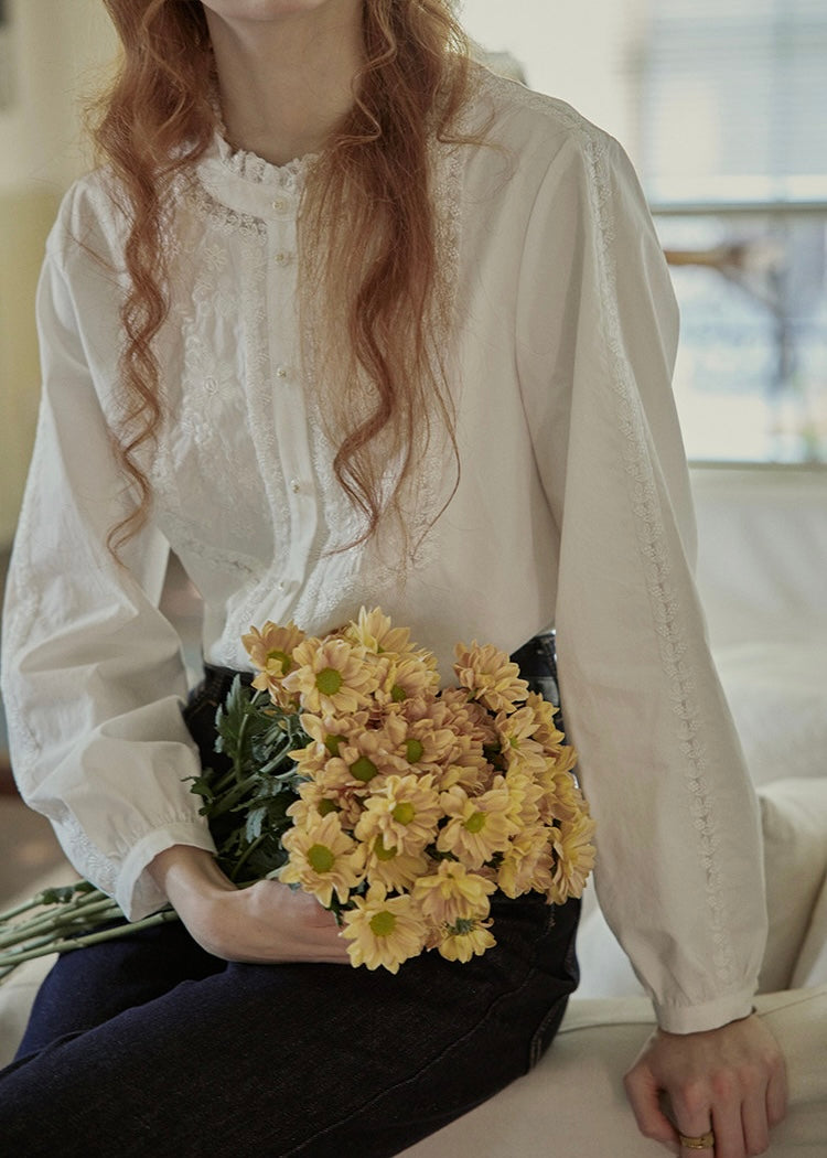 Lace Embroidered French Vintage White Blouse