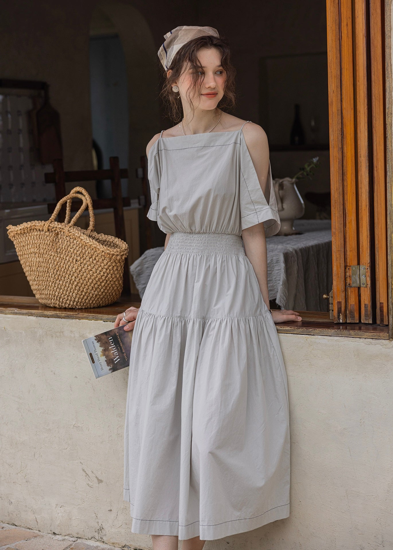 Convertible Off-Shoulder Smocked Cotton Dress