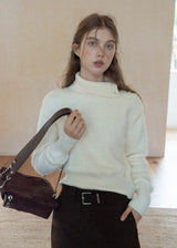 Cream Apricot Diagonal Button Collar Knit Sweater