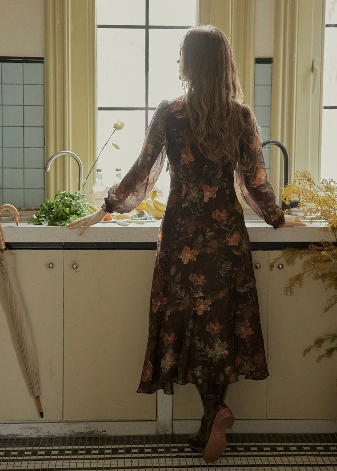 Victorian Oil Painting Floral Chiffon Maxi Dress