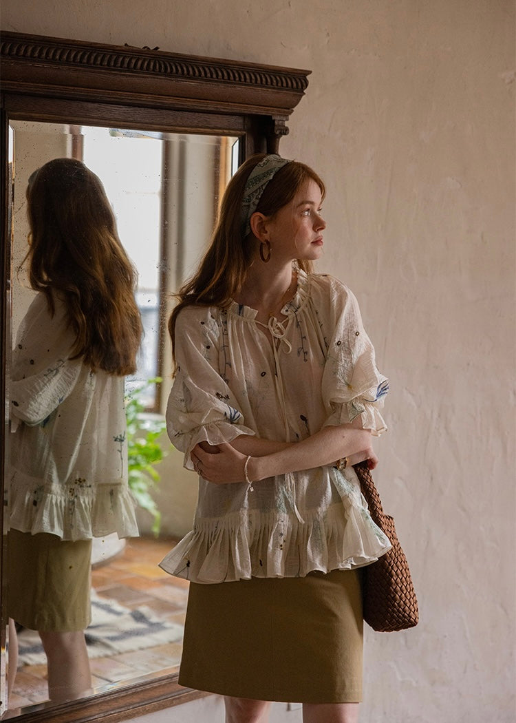 Muse Garden Blouse | Vintage Sheer Embroidered Ruffle Shirt