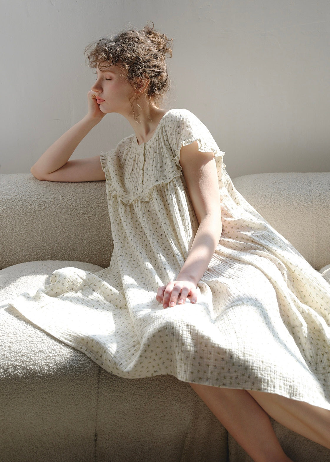 Quiet Daylight Cotton Gauze Nightdress Soft Floral Loose Lounge Dress