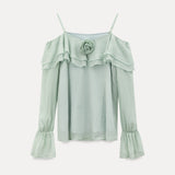 Lumière Mint Off-Shoulder Ruffle Blouse