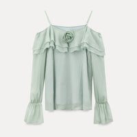 Lumière Mint Off-Shoulder Ruffle Blouse