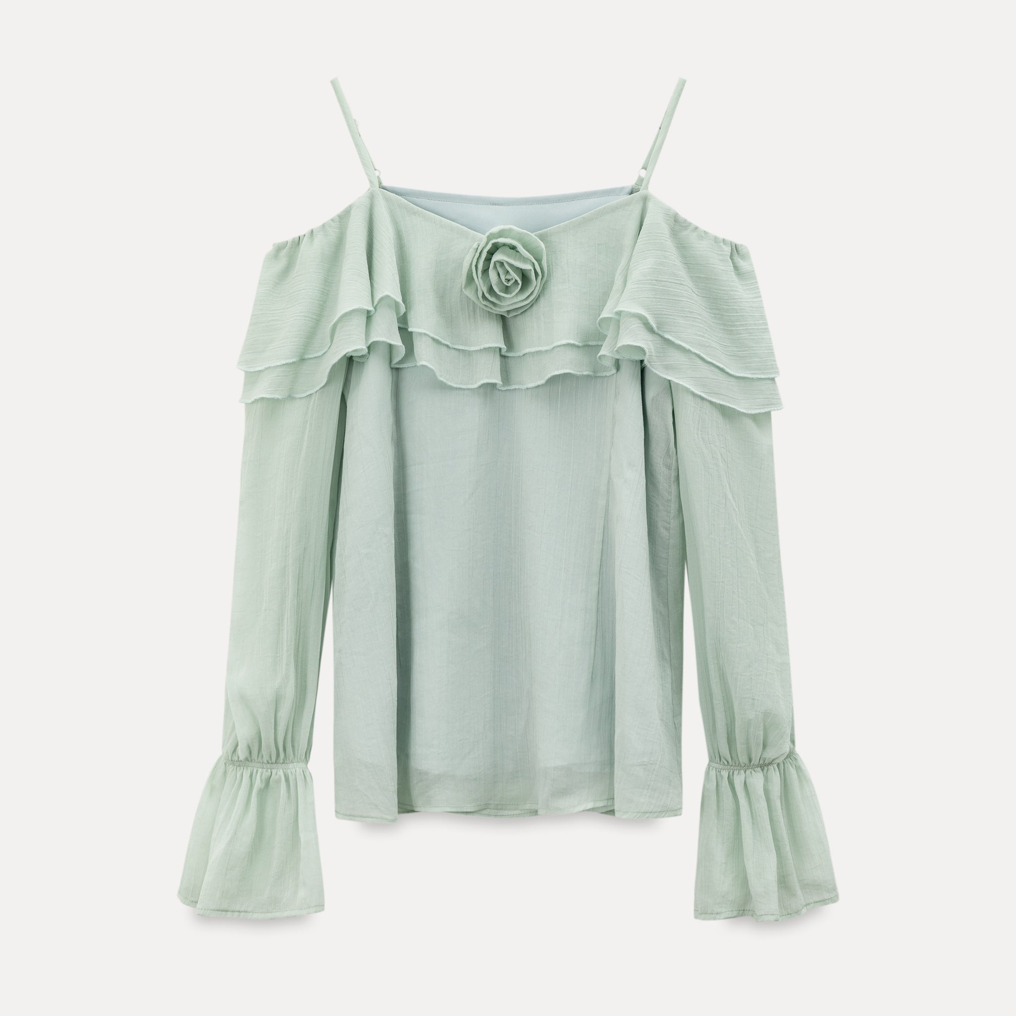 Lumière Mint Off-Shoulder Ruffle Blouse
