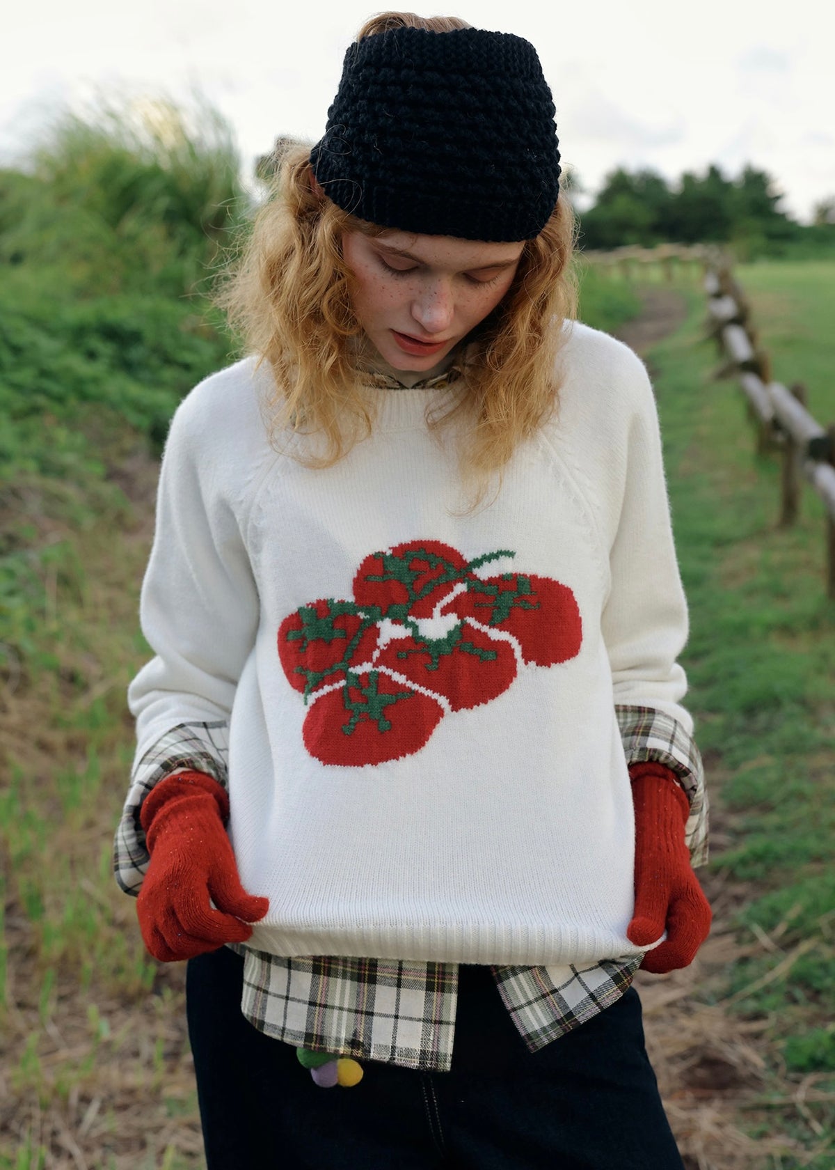 Tomato Jacquard Crew Neck Knit Sweater