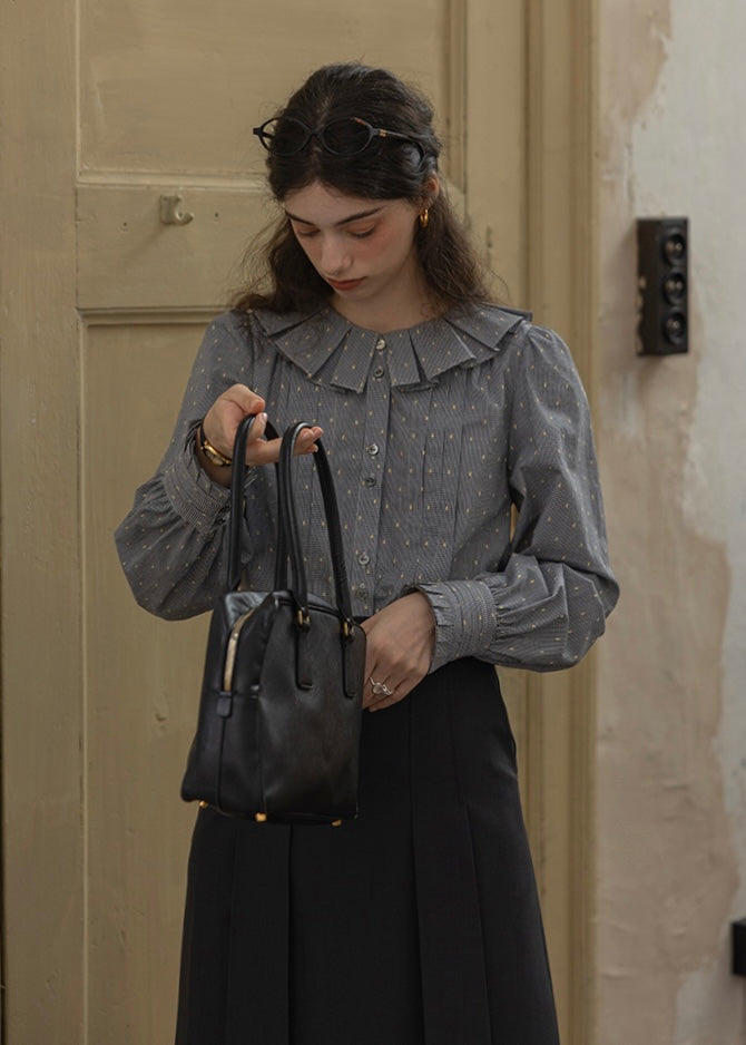 Vintage Dot Pintuck Ruffle Collar Blouse Shirt