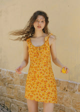 Golden Meadow Floral Ribbon Mini Dress