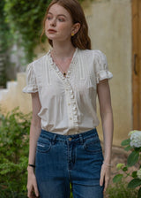 Sunday Picnic Blouse | Lace Trim Puff Sleeve Vintage Top(2COLOR)