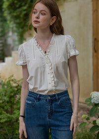 Sunday Picnic Blouse | Lace Trim Puff Sleeve Vintage Top(2COLOR)