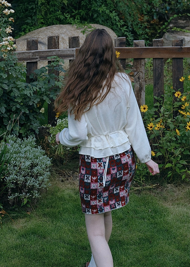 Vintage Ruffle Hem Half Button Long Sleeve Knit Top